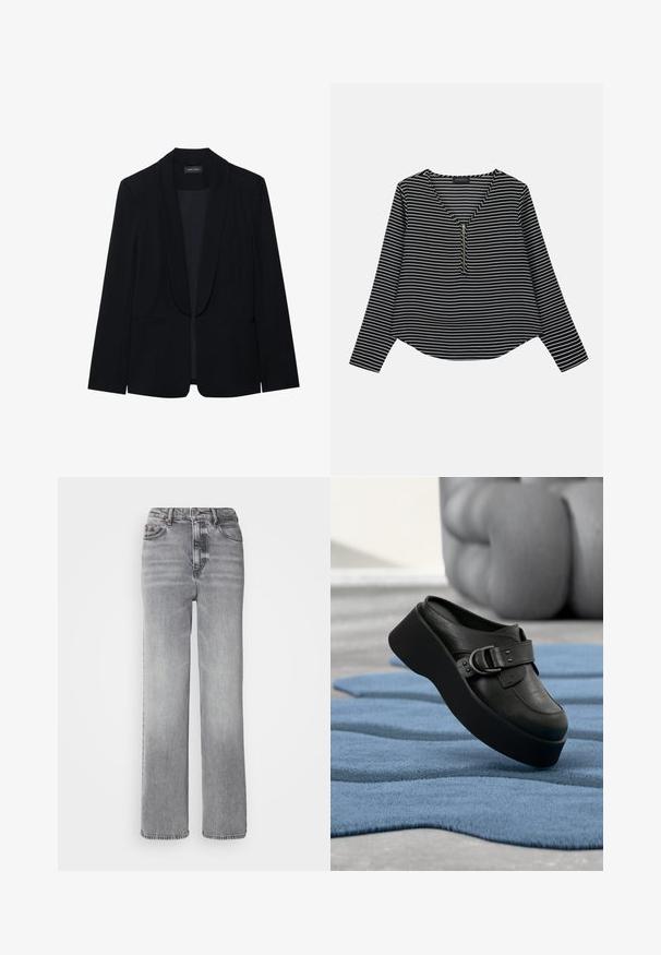 Schwarzer Blazer mit Reverskragen, einer Knopfleiste, zwei vorderen Taschen und einem glatten, strukturierten Stoff. Keine sichtbaren Muster oder Verzierungen.; Schwarz-weißer gestreifter Langarm-Top mit V-Ausschnitt und einem Reißverschluss in der Mitte. Der Stoff wirkt glatt, mit einer lockeren, leicht verkürzten Passform.; Graue High-Waisted-Jeans mit geradem Bein, leichter Ausbleichung und klassischem Fünf-Taschen-Design sowie Metallknopfverschluss.; Schwarze Leder-Plattform-Mule mit großem Schnallendetail, die auf einem strukturierten, welligen blauen Teppich und einem verschwommenen grauen Hintergrund liegt.