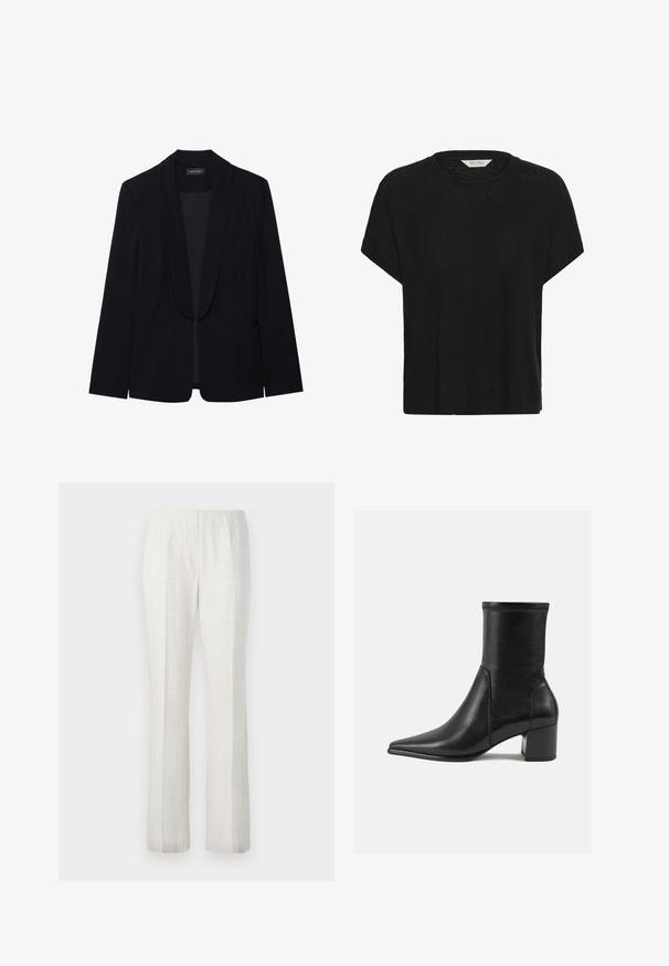 Schwarzer Blazer mit Reverskragen, einer Knopfleiste, zwei vorderen Taschen und einem glatten, strukturierten Stoff. Keine sichtbaren Muster oder Verzierungen.; Schwarzes T-Shirt mit kurzen Ärmeln, Rundhalsausschnitt, lockerem Schnitt und einem kleinen weißen Etikett innen am Kragen mit der Aufschrift "Part Two".; Helle, gerade geschnittene Hosen mit einer glatten Textur, die vordere Falten und ein sauberes Taillendesign aufweisen.; Schwarze Knöchelstiefel aus glattem Leder, mit spitzem Zehenbereich, einem Blockabsatz und markanten, raised stitching am oberen Rand.