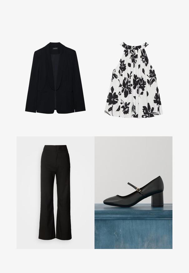 Schwarzer Blazer mit Reverskragen, einer Knopfleiste, zwei vorderen Taschen und einem glatten, strukturierten Stoff. Keine sichtbaren Muster oder Verzierungen.; Schwarz-weißes, ärmelloses Oberteil mit plissierter Textur, rundem Halsausschnitt und auffälligem Blumenmuster mit großen dunklen Blumen.; Schwarze weit geschnittene Hosen mit glatter Textur, hoher Taille und klarem Design. Keine sichtbaren Taschen oder Verzierungen.; Schwarze Mary-Jane-Schuhe mit Blockabsatz und goldener Schnallenriemen, die über einem glatten Betonboden in einer minimalistischen Innenanordnung schwebt.