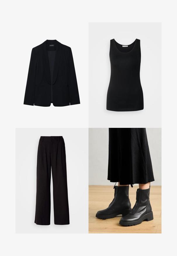 Schwarzer Blazer mit Reverskragen, einer Knopfleiste, zwei vorderen Taschen und einem glatten, strukturierten Stoff. Keine sichtbaren Muster oder Verzierungen.; Schwarzes ärmelloses Tanktop, aus glattem Stoff, mit klassischem Rundhalsausschnitt und tailliertem Schnitt. Keine Muster oder Akzente.; Schwarze weit geschnittene Hosen aus glattem Stoff, mit Falten an der Vorderseite, einem taillierten Bund und ohne sichtbare Muster oder Akzente.; Schwarze Lederstiefeletten mit einer dicken Plattformsohle und einem Reißverschluss vorne. Glatte Textur mit einem minimalistischen Design.