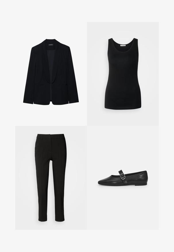 Schwarzer Blazer mit Reverskragen, einer Knopfleiste, zwei vorderen Taschen und einem glatten, strukturierten Stoff. Keine sichtbaren Muster oder Verzierungen.; Schwarzes ärmelloses Tanktop, aus glattem Stoff, mit klassischem Rundhalsausschnitt und tailliertem Schnitt. Keine Muster oder Akzente.; Schwarze, maßgeschneiderte Hosen mit schlankem Schnitt, flacher Vorderseite und ohne sichtbare Taschen, ausgestattet mit einer glatten Textur und einem sauberen Abschluss am Saum.; Schwarzer Lederflatschuh mit runder Zehenform, einem verstellbaren Schnallenriemen und einer glatten, glänzenden Oberfläche. Minimalistisches Design mit einem niedrigen Absatz.