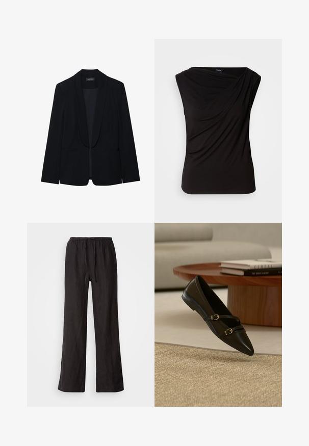Blazer negro con solapa de pico, cierre de un botón, dos bolsillos frontales y una tela suave y texturizada. Sin patrones ni adornos visibles.; Top negro sin mangas con tela drapeada en el frente, textura suave y corte relajado. Fabricado con material elástico y acabado suave.; Pantalones negros, holgados, con cintura elástica y cordón ajustable. Están hechos de una tela ligera con una textura suave y pierna recta.; Zapato plano negro con puntera puntiaguda y dos delgadas correas con hebillas flotando sobre una alfombra beige, con una mesa de café de madera y libros al fondo.
