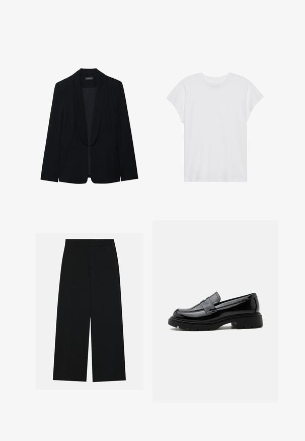 Blazer negro con solapa de pico, cierre de un botón, dos bolsillos frontales y una tela suave y texturizada. Sin patrones ni adornos visibles.; Camiseta blanca de manga corta con cuello redondo, corte relajado, hecha de suave tela de algodón. Textura lisa, sin estampados ni logotipos.; Pantalones negros de pierna ancha hechos de una tela suave. Presentan una cintura plana con pasadores de cinturón y sin bolsillos visibles. Diseño sencillo.; Mocasín de cuero negro brillante con suela gruesa de tacos y tira tipo "penny", mostrado de perfil sobre un fondo blanco liso.