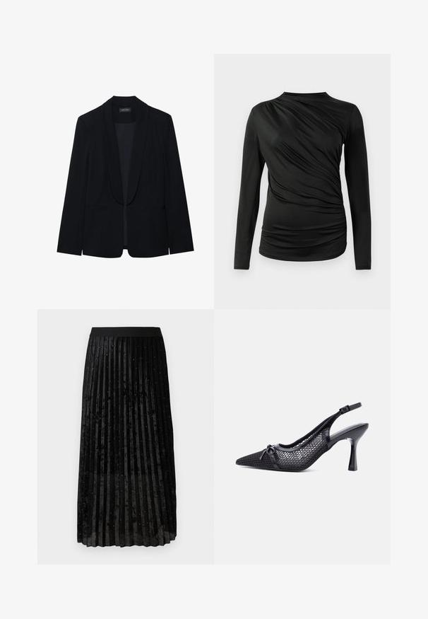Schwarzer Blazer mit Reverskragen, einer Knopfleiste, zwei vorderen Taschen und einem glatten, strukturierten Stoff. Keine sichtbaren Muster oder Verzierungen.; Schwarz langärmliges Oberteil mit geraffter Textur an der Vorderseite, hoher Ausschnitt und schmaler Schnitt. Weicher, dehnbarer Stoff.; Schwarzer plissierter Rock aus Samt mit einer strukturierten Oberfläche und glitzernden Verzierungen, die gleichmäßig über den Stoff verteilt sind.; Schwarzer Slingback-Pumps mit spitz zulaufender Spitze, Mesh-Wabenmuster und kleinem dekorativem Schleifchen vorne.