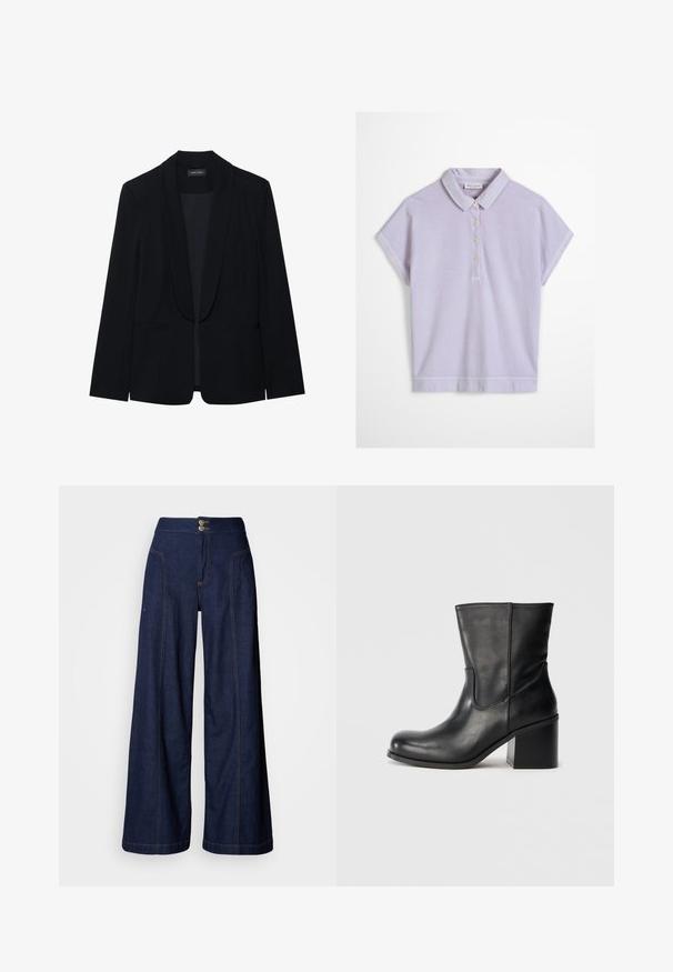 Blazer noir avec un revers en pointe, fermeture à un bouton, deux poches avant et un tissu lisse et texturé. Sans motifs ni embellissements visibles.; Polo à manches courtes de couleur violet clair avec un col et quatre boutons blancs sur le devant, présenté sur un fond blanc.; Jean à jambes larges en denim foncé avec des surpiqûres orange contrastantes, deux poches avant et une fermeture à double bouton à la taille.; Bottine en cuir noir à bout rond, détails de coutures latérales et talon bloc épais. Texture lisse et design minimaliste.