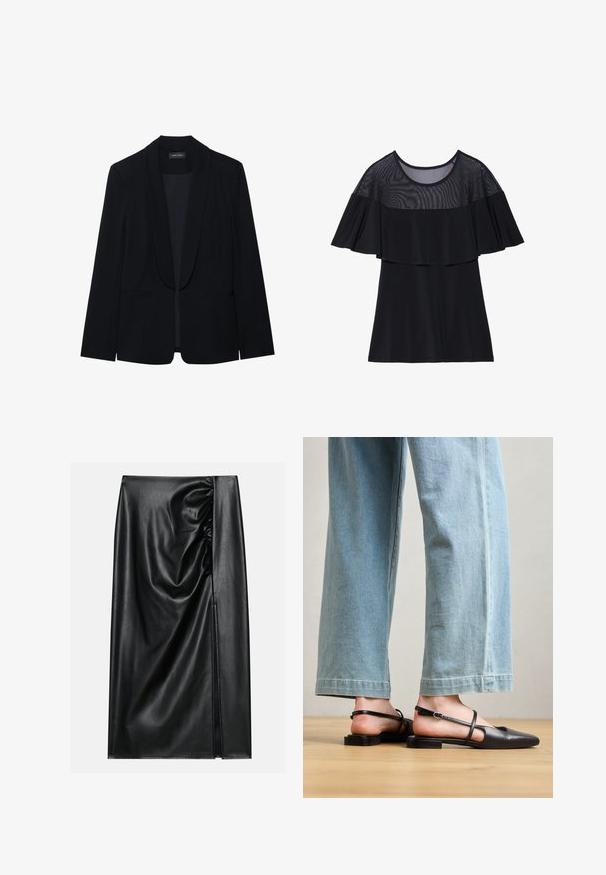 Zwarte blazer met een piekrevers, enkele knoopsluiting, twee cargopockets en een gladde, gestructureerde stof. Geen zichtbare patronen of versieringen.; Zwarte top met een doorschijnende bovenlaag van mesh en een ruchesontwerp. De stof is soepel, met een ronde halslijn en korte mouwen.; Zwarte leren rok met een soepele textuur, voorzien van een geplooid gedeelte aan één kant en een zijspleet voor extra detail.; Zwarte leren slingback schoenen met een spitse neus, platte hak en enkelband; gedragen met lichtblauwe wijde jeans.