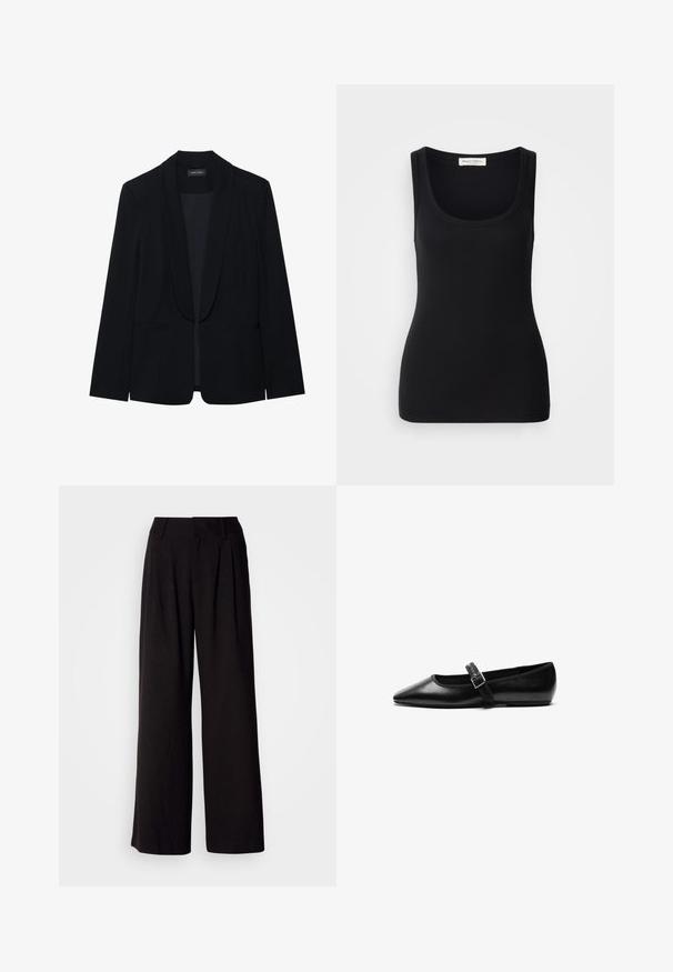 Zwarte blazer met een piekrevers, enkele knoopsluiting, twee cargopockets en een gladde, gestructureerde stof. Geen zichtbare patronen of versieringen.; Zwart geribd tanktopje met een ronde halslijn, brede schouderbanden en een aangesloten ontwerp. Label aan de achterkant met de tekst "Marc O'Polo."; Zwarte wijde broek van soepel stof, met plooien aan de voorkant, een aansluitende tailleband en zonder zichtbare patronen of accenten.; Zwarte platte schoen van leer met een spitse neus, verstelbare band met een metalen gesp, een gladde textuur en een minimalistisch ontwerp.