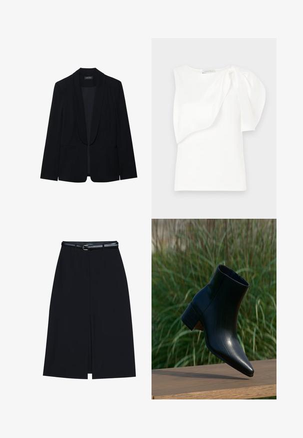 Blazer noir avec un revers en pointe, fermeture à un bouton, deux poches avant et un tissu lisse et texturé. Sans motifs ni embellissements visibles.; Haut sans manches blanc avec détail de tissu superposé asymétrique et manches bouffantes froncées sur une épaule, présenté à plat sur un fond blanc.; Jupe noire à mi-cuisse avec une fente frontale, fabriquée en tissu lisse. Comprend une fine ceinture noire avec une boucle en argent et des passants.; Bottine noire en cuir avec un bout pointu et un talon bloc reposant sur une surface en bois, avec une herbe verte haute en arrière-plan.