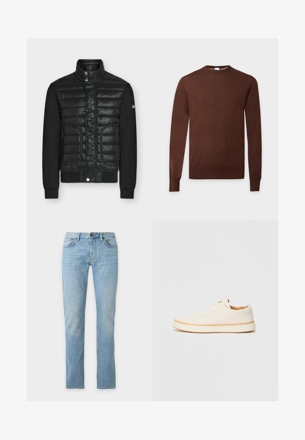 Veste matelassée noire avec col montant, boutons-pression, poches latérales zippées et manches noires unies, présentée sur fond uni.; Pull marron à manches longues avec col rond, poignets et ourlet côtelés, présenté sur un fond clair uni.; Jean droit bleu clair avec poches avant, passants de ceinture et fermeture par bouton sur fond uni.; Baskets en cuir blanc avec un bout rond, design simple à lacets, semelle intérieure rembourrée et semelle en caoutchouc beige contrastante. Texture lisse sur l'ensemble.