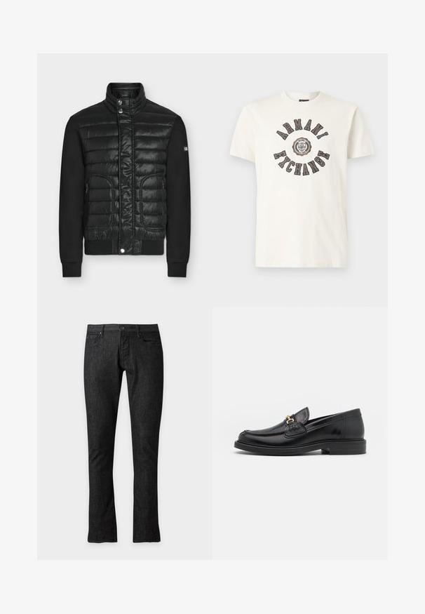 Veste matelassée noire avec col montant, boutons-pression, poches latérales zippées et manches noires unies, présentée sur fond uni.; T-shirt blanc à manches courtes avec le texte « Armani Exchange » courbé autour d'un logo circulaire affichant « AX 91 Milano » au centre.; Jean slim noir avec fermeture à bouton et zip devant, passants de ceinture et design à cinq poches, présenté sur un fond uni.; Mocassins en cuir noir avec un embout rond, présentant des accents en métal doré et des détails de couture, montés sur une semelle en caoutchouc texturé et basse.