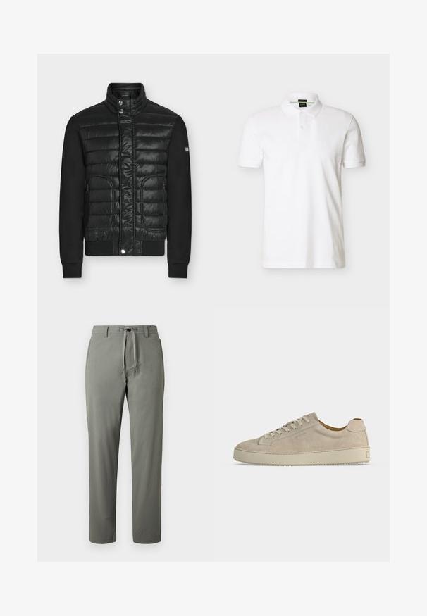 Veste matelassée noire avec col montant, boutons-pression, poches latérales zippées et manches noires unies, présentée sur fond uni.; Polo blanc à manches courtes avec patte à deux boutons, col et poignets côtelés, logo discret sur la poitrine, présenté sur un fond uni.; Pantalon droit pour hommes de couleur vert olive avec taille à cordon et passants pour ceinture, présenté sur un fond uni.; Baskets basses beiges en daim avec fermeture lacée et semelle épaisse en caoutchouc, vues de profil sur fond blanc uni.