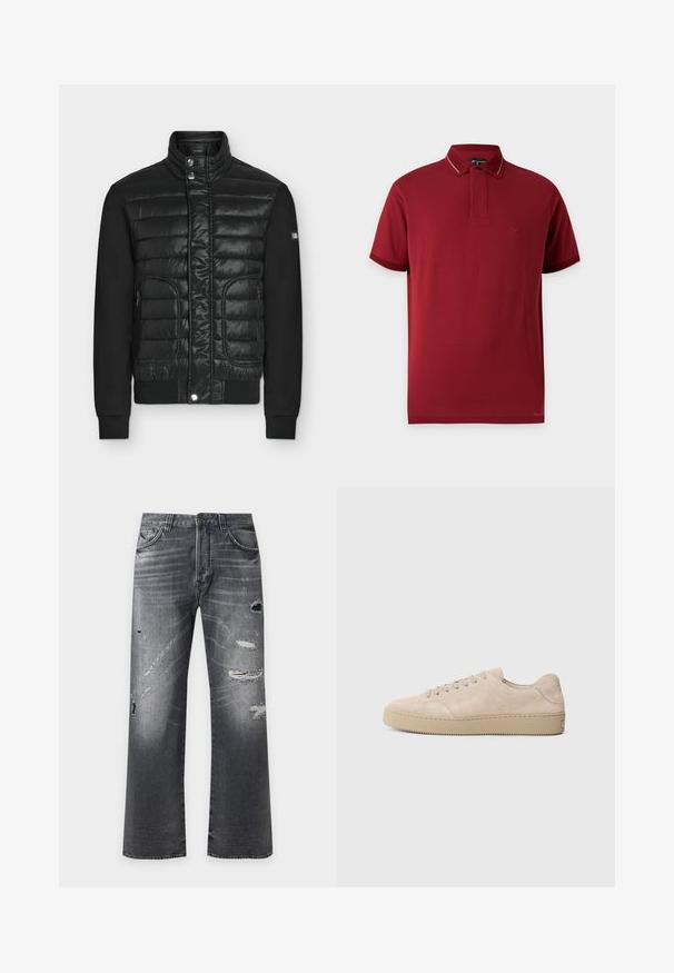 Veste matelassée noire avec col montant, boutons-pression, poches latérales zippées et manches noires unies, présentée sur fond uni.; Polo manches courtes bordeaux avec col et bords des manches côtelés, avec un logo discret sur la poitrine gauche.; Jean noir délavé à jambes droites avec des trous usés et des patches effilochés sur l'avant des cuisses et des genoux.; Baskets en daim beige avec un bout rond, des lacets plats et une semelle en caoutchouc texturé. Design minimaliste avec des bords lisses et des coutures discrètes.