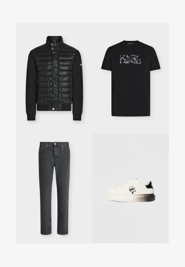 Veste matelassée noire avec col montant, boutons-pression, poches latérales zippées et manches noires unies, présentée sur fond uni.; T-shirt noir à manches courtes avec col rond et logo "KARL LAGERFELD" usé imprimé sur la poitrine.; Jean en denim noir coupe droite avec design cinq poches, fermeture par bouton et coutures visibles sur fond blanc uni.; Baskets blanches avec une tige en cuir lisse, accents noirs au niveau du talon et un logo de dessin animé. Elles présentent une semelle épaisse et légèrement transparente.