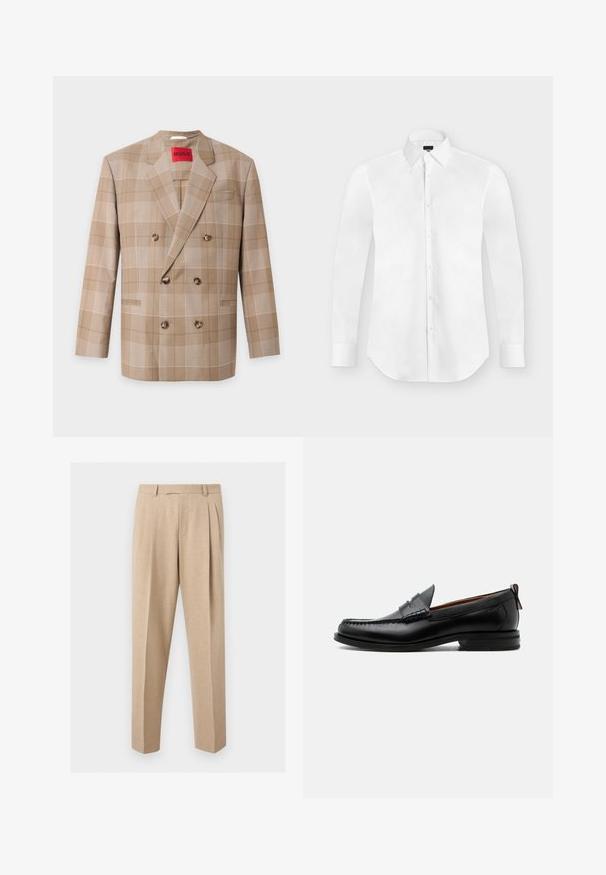 Blazer beige croisé à motif à carreaux, six boutons marron, revers crantés, et une étiquette rouge "HUGO" à l’intérieur du col.; Chemise blanche à manches longues avec boutons et col pointu, posée à plat sur un fond gris clair.; Pantalon beige sur mesure avec plis sur le devant, passants de ceinture et jambes droites, présenté sur un fond clair et uni.; Mocassin homme en cuir noir avec couture moc toe, bride penny, col texturé et petit talon empilé sur fond blanc.