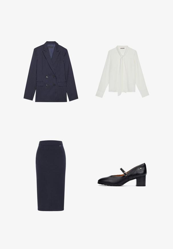Dubbelzijdige marineblauwe blazer met witte streepjes, met een geknipt revers, twee voorkeurszakken en zes zwarte knopen, met een gladde stofstructuur.; Witte blouse met lange mouwen van gladde stof, voorzien van een strik bij de hals en op maat gemaakte manchetten. Eenvoudig, klassiek ontwerp zonder patronen.; DreiMaster Kokerrok - marine; Zwarte leren Mary Jane schoen met een ronde neus, enkelband met een ronde gesp en een middelhoog houten blokhak. Textuuraccenten op de hak.