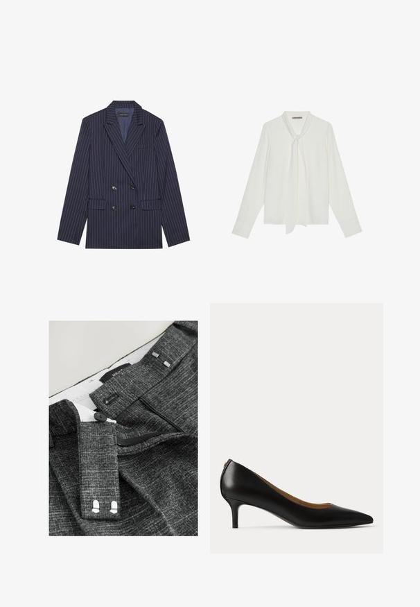 Dobbeltradet marineblå blazer med hvide striber, sautérlapel, to frontlommer og seks sorte knapper, der har en glat stofstruktur.; Hvid bluse med lange ærmer lavet af glat stof, med en bindebånd ved halsen og skræddersyede manchetter. Enkel, klassisk design uden mønstre.; Grå strukturerede bukser med knaplukning, lynlås og ekstra kroge, samt sølvfarvede detaljer på taljen og indvendig foring.; Sort læderpump med spids tå, lav kitten hæl og glat finish, vist fra siden på en ensartet lys baggrund.