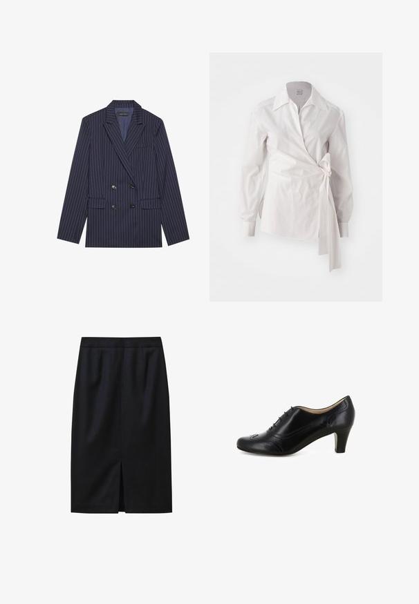 Doppelt gebundene marineblaue Blazer mit weißen Nadelstreifen, Reverskragen, zwei Fronttaschen und sechs schwarzen Knöpfen, verfügt über eine glatte Stoffoberfläche.; Weiße langärmelige Wickelbluse mit klassischem Kragen und seitlichem Knoten-Detail auf einem einfachen Hintergrund.; Schwarzer knielanger Bleistiftrock mit strukturiertem Muster, figurbetontem Bund und einem Schlitz in der Mitte am Saum. Glatte Stoffoberfläche.; Schwarzer Damenleder-Halbschuh mit niedrigem Absatz und Schnürdetail, Seitenansicht auf weißem Hintergrund.