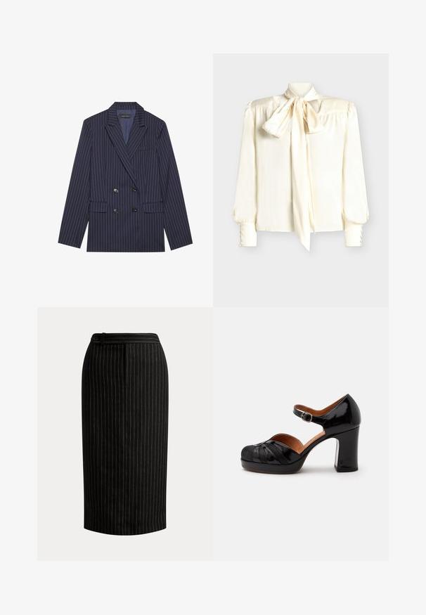 Veste bleu marine croisée avec des rayures blanches, cols crantés, deux poches avant et six boutons noirs, présentant une texture de tissu lisse.; Blouse de couleur crème avec col lavallière, manches longues ornées de boutons aux poignets, et une texture lisse et brillante.; Jupe crayon noire longueur genou avec fines rayures verticales blanches et détail de ceinture boutonnée.; Chaussure Mary Jane en cuir verni noir avec bout arrondi, détail texturé, bride de cheville avec boucle, et talon moyen épais sur fond blanc.