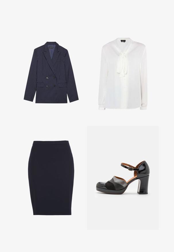 Doppelt gebundene marineblaue Blazer mit weißen Nadelstreifen, Reverskragen, zwei Fronttaschen und sechs schwarzen Knöpfen, verfügt über eine glatte Stoffoberfläche.; Weiße Bluse mit langen Ärmeln aus glattem Stoff. Besitzt einen Bindekragen, eine Knopfleiste und einen subtilen Glanz. Gerader Saum mit geknöpften Ärmeln.; Schwarzer, knielanger Rock mit geradem Schnitt, tailliertem Bund, glattem Stoff und ohne sichtbare Muster oder Verzierungen.; Schwarzer und grauer High-Heel-Schuh mit runder Zehenpartie, Knöchelriemen und strukturiertem Obermaterial, ausgestattet mit einem Blockabsatz und kontrastierenden Einsätzen.