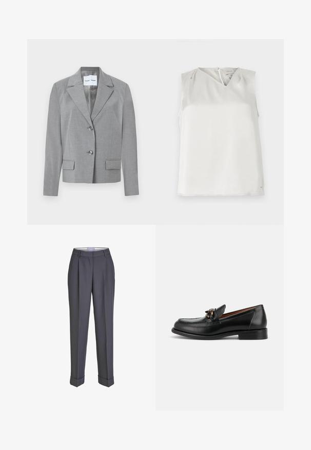 Blazer gris sur mesure avec un col en notch, fermeture à deux boutons et deux poches avant au toucher lisse. Doublure intérieure.; Blouse blanche sans manches avec col en V, plis subtils aux épaules et fermeture éclair au dos, présentée sur un fond uni.; Pantalons sur mesure gris foncé avec une coupe droite, un devant plissé et des revers. Fabriqués en tissu lisse, avec une taille classique.; Mocassin en cuir noir avec un petit talon, un bout arrondi et un détail de boucle métallique décorative à l'avant.