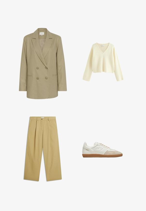 Dobbeltbrystet beige blazer lavet af tekstureret stof. Har en udspecificeret krave, to forlommer og knaplukning.; Cremefarvet, cropped sweater med ribbet tekstur, V-hals og lange ærmer. Har en afslappet pasform og et enkelt design.; Beige bukser med vide ben, forplisseringer foran, sidelommer, bæltestropper og knaplukning ved taljen.; Hvide sneakers med beige suedelogo, gummisål og fremtrædende logo. Har teksturerede paneler og flade snørebånd. Forstærket tådesign.