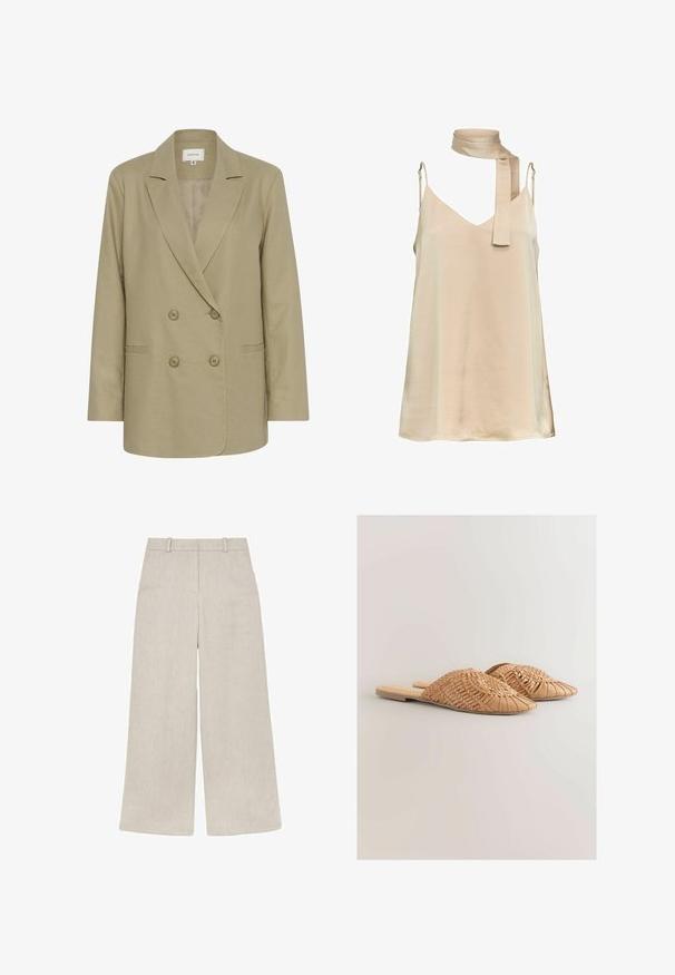 Dobbeltbrystet beige blazer lavet af tekstureret stof. Har en udspecificeret krave, to forlommer og knaplukning.; Beige ærmeløs kjole med tynde justerbare stropper og et matchende halstørklæde bundet løst.; Beige bukser med vide ben, bæltestropper, høj talje og et subtilt tekstureret stof, vist lagt fladt mod en hvid baggrund.; Vævede læder slidesandaler i lysebrun, med et oversized vævet overdelsdesign og en flad sål. Spidse tæer giver et elegant udseende.