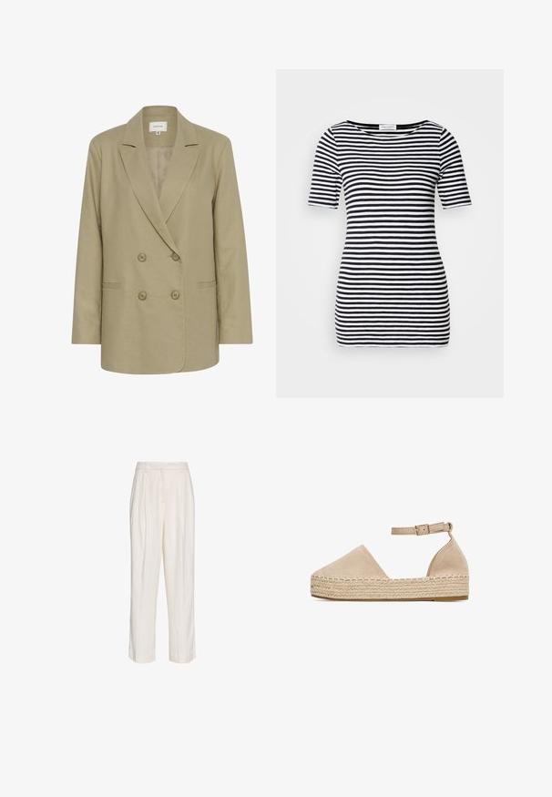 Dobbeltbrystet beige blazer lavet af tekstureret stof. Har en udspecificeret krave, to forlommer og knaplukning.; Sort og hvid stribet kortærmet top med bådhalsudskæring, tætsiddende silhuet og blød, glat stofstruktur.; Højtaljede hvide skræddersyede bukser med plisseringer, bæltestropper og lige ben, vist på en ensfarvet hvid baggrund.; Beige ruskind espadrille med lukket tå og ankelrem, med vævet jute-mellemsål og flad gummisål. Enkel og minimalistisk design.