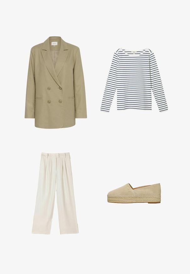 Dobbeltbrystet beige blazer lavet af tekstureret stof. Har en udspecificeret krave, to forlommer og knaplukning.; Hvid langærmet skjorte med marineblå horisontale striber. Har en bred bådudskæring og blød bomuldsstof. Simpelt design med ribkanter ved ærmerne.; Bukser med vide ben i lysebeige stof, med dobbelte læg foran og en lige pasform, med en glat tekstur og uden synlige metaldele.; Beige ruskind slip-on espadrille med flettet jutesål og lille metalisk logo på oversiden.