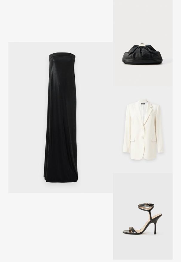 Witte op maat gemaakte blazer met een notch lapel, twee voorzakken, knoopsluiting en een gestructureerde stof. Klassieke pasvorm met lange mouwen.; Zwart strapless maxi-jurk van glanzende, soepele stof. Heeft een getailleerde buste en een vloeiende silhoutte die de vloer raakt, zonder versieringen.; Zwarte laarzen van gepatenteerd leer met hoge hakken, dunne enkelband met gesp, open teen en slanke stilettohak op een witte achtergrond.; Zwarte leren clutch met een geplooide textuur, metalen sluiting en een subtiel geperst logo aan de voorkant. Afgeronde vorm.