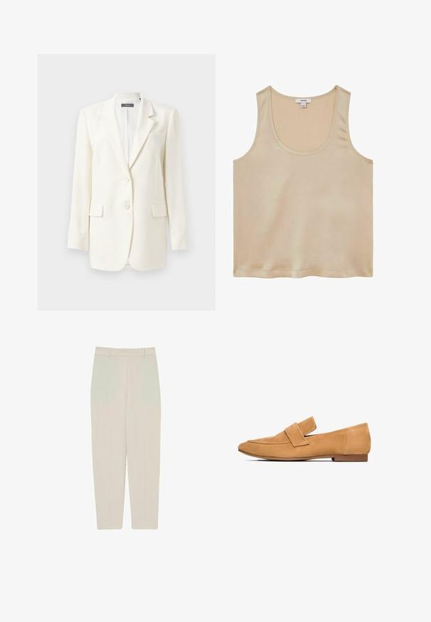 Weiße maßgeschneiderte Blazerjacke mit Reverskragen, zwei Fronttaschen, Knopfverschluss und strukturiertem Stoff. Klassische Passform mit langen Ärmeln.; Reiss REGULAR FIT - Bluse - neutral; Beige gerade geschnittene Hose mit glatter Textur, hoher Taille, Frontfalten und klaren Linien für eine maßgeschneiderte Passform.; Tan-farbene Wildleder-Loafers mit flachem Absatz, runder Zehenpartie und einem gesteppten Riemen über dem Spann für einen eleganten Abschluss.