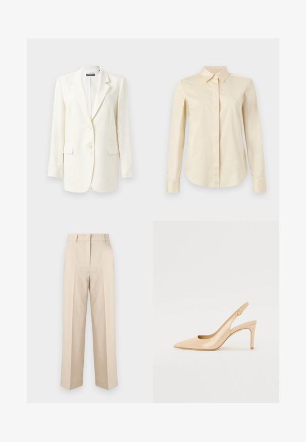 Blazer blanc sur mesure avec un col cranté, deux poches avant, fermeture par bouton et tissu texturé. Coupe classique avec des manches longues.; Chemise à manches longues de couleur crème, à boutons, avec un col pointu et une patte de boutonnage cachée, présentée sur un fond uni.; Pantalon beige taille haute, coupe ajustée, avec passants de ceinture et jambes droites, présenté sur un fond blanc uni.; Escarpin slingback en cuir verni nude avec un bout pointu, un décolleté ouvert et un talon aiguille fin. Comprend un accent doré circulaire sur la sangle.