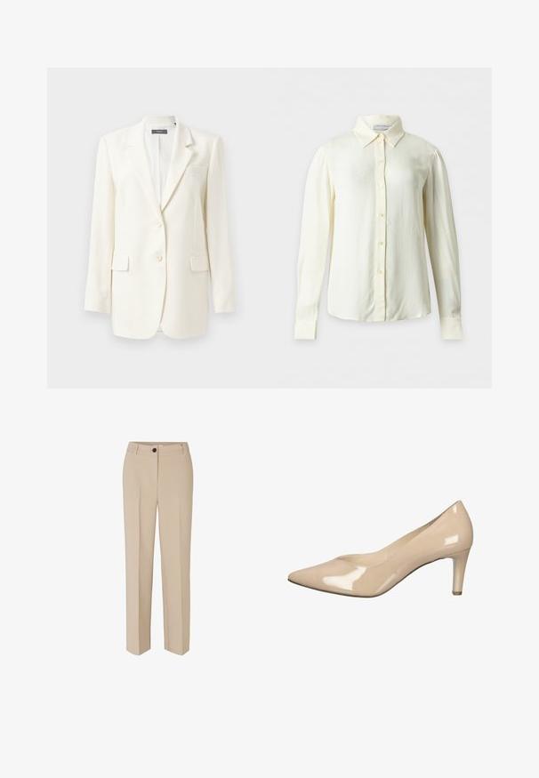 Witte op maat gemaakte blazer met een notch lapel, twee voorzakken, knoopsluiting en een gestructureerde stof. Klassieke pasvorm met lange mouwen.; Crèmekleurige blouse met lange mouwen, puntkraag en knopen aan de voorkant, weergegeven op een effen achtergrond zonder patronen of extra voorwerpen.; Modström GALE - Broek - powder sand; Beige patentleren hoge hakken met een spitse neus en een slanke hak van 7,5 cm. Gladde textuur met een glanzende afwerking.