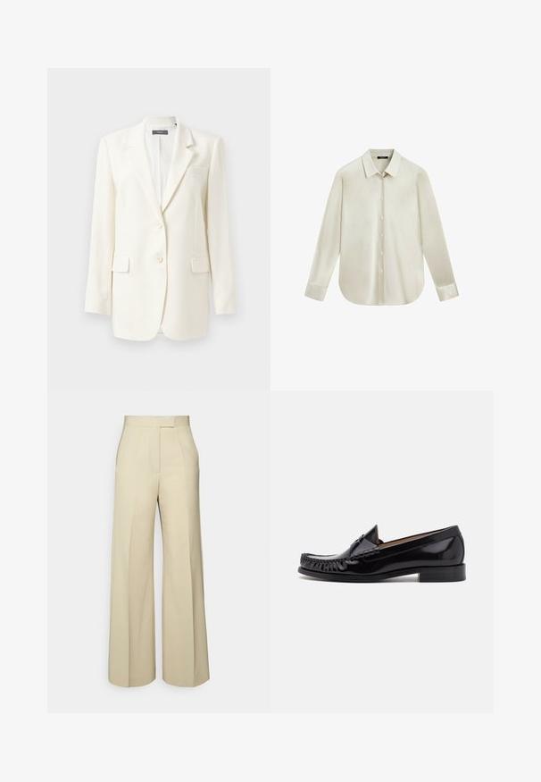 White tailored blazer featuring a notched lapel, two front pockets, button closure, and textured fabric. Classic fit with long sleeves.; Long-sleeve cream-colored button-up shirt with a pointed collar and rounded hem, displayed on a white background.; Wide-leg trousers in a light beige fabric, featuring a flat front, straight waistband, and no visible pockets or embellishments.; Black leather moccasin shoe with a shiny finish, featuring fringe detailing along the front and a low stacked heel.