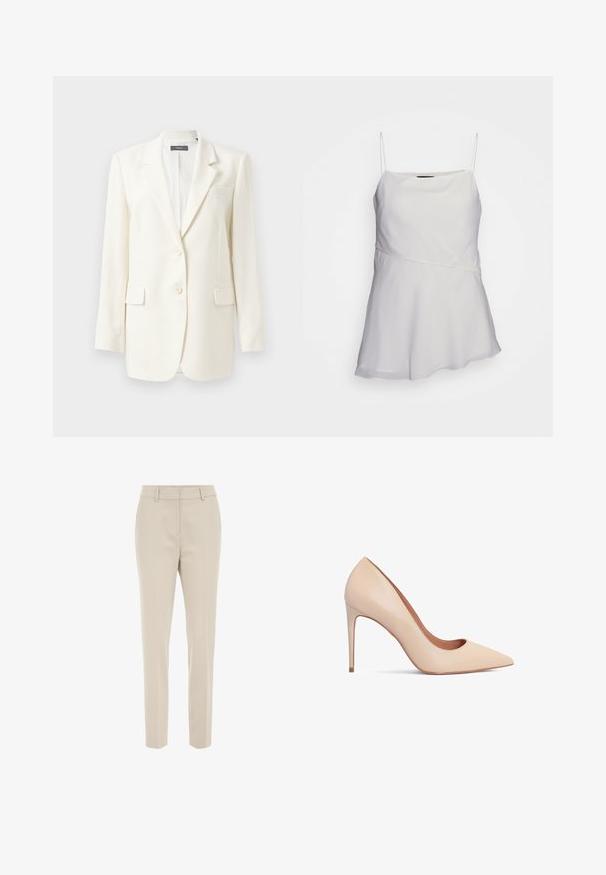 Blazer blanc sur mesure avec un col cranté, deux poches avant, fermeture par bouton et tissu texturé. Coupe classique avec des manches longues.; Haut blanc sans manches avec des bretelles fines, une coupe décontractée et un design asymétrique. Fabriqué dans un tissu lisse et léger.; Pantalons beige ajustés, design à jambes droites, texture lisse, avec une taille plate et des passants de ceinture, adaptés pour une tenue formelle ou décontractée.; Escarpin en cuir beige à talons hauts avec un bout pointu et une texture lisse. Dispose d'un talon aiguille fin et d'un décolleté bas.