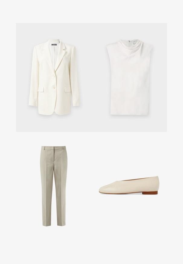 Witte op maat gemaakte blazer met een notch lapel, twee voorzakken, knoopsluiting en een gestructureerde stof. Klassieke pasvorm met lange mouwen.; Wit mouwloos topje met een opstaande kraag en rits aan de achterkant, plat gelegd op een witte achtergrond.; Beige op maat gemaakte broek met een rechte pijp, gemaakt van een gestructureerde stof. Voorzien van voorplooien en een klassieke ritssluiting.; Beige leren platte schoen met een puntige neusdesign, minimalistische vorm en een korte houten hak voor stabiliteit en comfort.