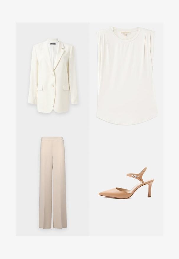 Witte op maat gemaakte blazer met een notch lapel, twee voorzakken, knoopsluiting en een gestructureerde stof. Klassieke pasvorm met lange mouwen.; Witte mouwloze top van gladde stof, met een ronde hals en subtiele plooien op de schouders, en een gebogen zoom.; Beige wijde broek van een gladde stof, met een hoge taille en subtiele voorplooien. Geen zakken of zichtbare hardwaredetails.; Beige hoge hak met puntige neus, enkelbandje en zilveren gesp op een witte achtergrond.