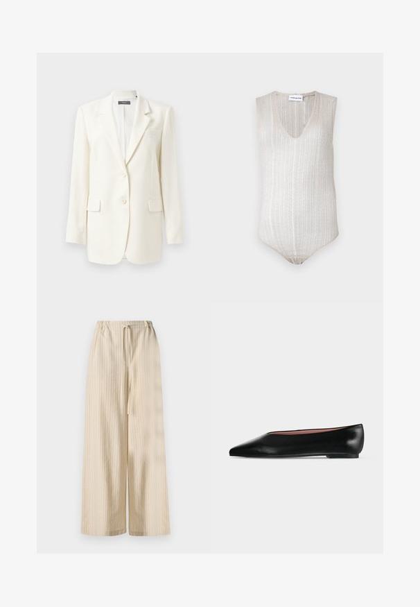 Witte op maat gemaakte blazer met een notch lapel, twee voorzakken, knoopsluiting en een gestructureerde stof. Klassieke pasvorm met lange mouwen.; Lichtbeige mouwloze body met een V-hals, tekstuur ribbelpatroon en aansluitende pasvorm. Gebreid materiaal met een zachte afwerking.; Licht beige wijde broek van zachte stof, met verticale strepen en een elastische tailleband met een trekkoord detail.; Zwarte leren damesschoen met platte zool, puntige neus en lage hak, zijwaarts afgebeeld tegen een effen lichtgrijze achtergrond.