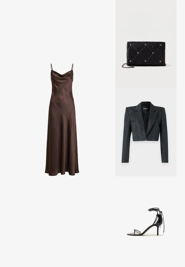 Blazer noir coupé avec un motif texturé, épaules structurées et manches longues. Doté d'un revers classique et d'une fermeture à crochet simple.; Robe nuisette en satin brun foncé sans manches avec un décolleté drapé et un ourlet jusqu'au sol.; Sandale noire à talon haut avec fines brides, lien autour de la cheville et talon aiguille de hauteur moyenne sur fond blanc.; Clutch en satin matelassé noir avec des clous en pyramide argentés, chaîne, forme rectangulaire et texture lisse. Dimensions de 10 cm x 18 cm x 4 cm.