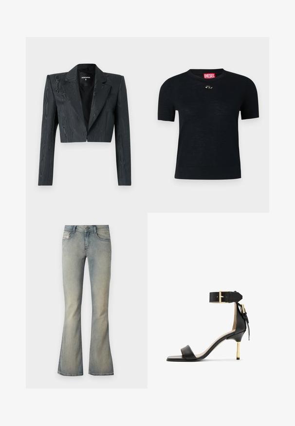 Blazer noir coupé avec un motif texturé, épaules structurées et manches longues. Doté d'un revers classique et d'une fermeture à crochet simple.; T-shirt noir à manches courtes avec col rond, fabriqué en tissu doux, comportant un accent argenté arrondi près de l'encolure et une étiquette rouge.; Jean flare en denim bleu clair avec taille mi-haute, décoloration subtile et design classique à cinq poches. Comprend une fermeture à bouton à l'avant.; Sandale à talon en cuir noir avec un bout carré, une bride de cheville dotée d'une boucle en or et un talon métallique fin. Texture lisse, design minimaliste.