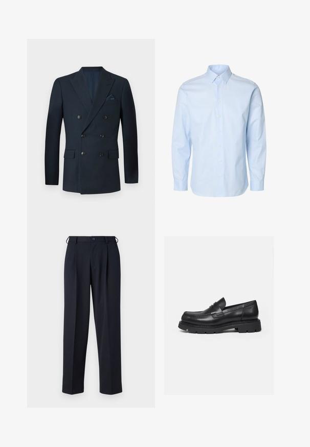 Dobbeltradet navy blazer lavet af tekstureret stof, med seks sorte knapper, to forlommer og en brystlomme med en silke lommetørklæde.; Lyseblå herreskjorte med lange ærmer, knapper foran og almindelig krave på hvid baggrund.; Marineblå skræddersyede bukser med knap- og lynlåslukning foran, bæltestropper og sidelommer, vist på en hvid baggrund.; Sort læderloafer med tyk rillede sål og penny-remdetalje, vist i højre sideprofil på hvid baggrund.
