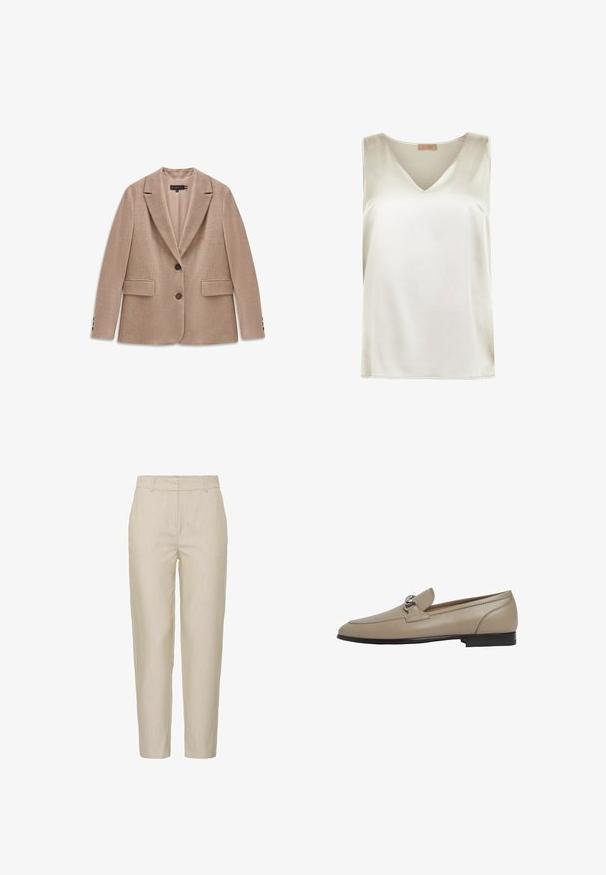 Beiger Blazer mit Reverskragen, zwei Fronttaschen, Zwei-Knopf-Verschluss und Knopfakzenten an den Ärmeln. Strukturiertes Gewebe.; Ärmellose Satinbluse in Elfenbein mit V-Ausschnitt und schmaler Schulterführung, gekennzeichnet als Falconeri Seta Kollektion.; Beige Hosen aus leichtem Stoff, mit schmalem Schnitt, flachem Bund und seitlichen Taschen; glatte Textur mit dezenten Streifen.; Beiger Lederloafer mit silberfarbenem Akzent, runder Spitze und flacher Sohle. Elegantes Design mit Stickdetails.