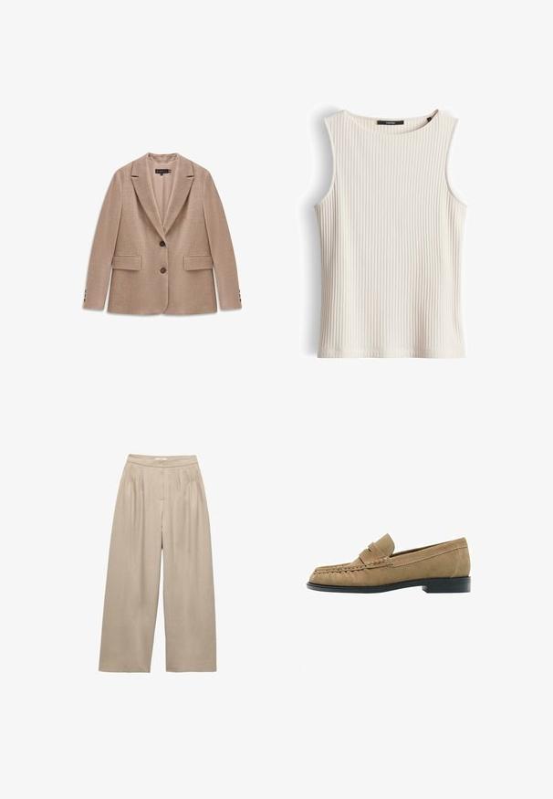 Beiger Blazer mit Reverskragen, zwei Fronttaschen, Zwei-Knopf-Verschluss und Knopfakzenten an den Ärmeln. Strukturiertes Gewebe.; Ärmelloses, geripptes Stricktop in Off-White mit rundem Ausschnitt, figurbetonter Silhouette und dezenten vertikalen Strukturstreifen.; Beige Hose mit weitem Bein, vorderen Falten, hohem Bund und einem glatten Taillenbund.; Hellbrauner Wildleder-Pennyloafer mit genähter Mokassinnase, niedrigem, schwarzem Absatz und einem Riemen über dem Spann vor weißem Hintergrund.