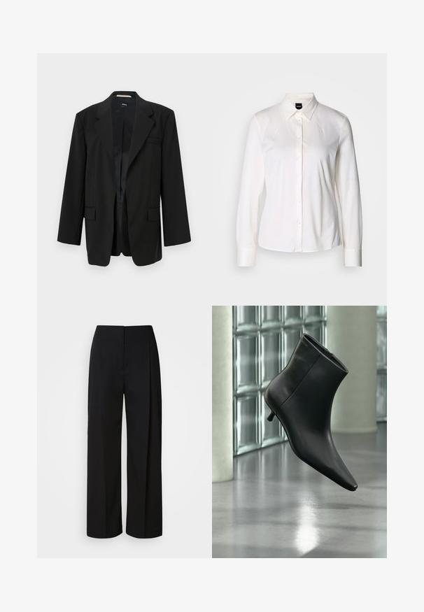 Blazer noir avec un col cranté, fermeture à un bouton et poches avant doubles. Fabriqué en tissu lisse avec une coupe structurée et une doublure intérieure.; Chemise blanche à manches longues avec col classique en tissu coton doux, présentant une coupe ajustée et un design simple sans motifs.; Pantalon noir taille haute à jambes larges avec une fermeture avant dissimulée, des coutures ajustées et un tissu lisse et structuré.; Bottine en cuir noir à bout pointu et petit talon kitten, présentée en angle devant un sol poli et un mur en blocs de verre.