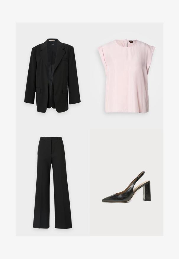 Blazer noir avec un col cranté, fermeture à un bouton et poches avant doubles. Fabriqué en tissu lisse avec une coupe structurée et une doublure intérieure.; Haut rose à manches courtes avec un col rond et un léger éclat. Présente une fermeture zippée au dos et une coupe décontractée. Texture lisse.; Pantalons black à jambes larges avec un design sur mesure, présentant une texture lisse et de subtils plis à l'avant. Pas de garnitures ou de motifs visibles.; Chaussure slingback en cuir noir à bout pointu avec un talon bloc haut et une doublure intérieure beige sur un fond clair uni.