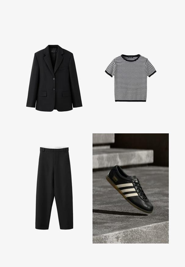 Veste blazer noire cintrée avec revers à encoches, deux poches à rabat à l'avant, une poche poitrine passepoilée et une fermeture à deux boutons.; Pull tricoté manches courtes à rayures horizontales noires et blanches, col rond et poignets et bas en côtes.; Pantalon noir à jambes droites avec passants pour ceinture, fermeture éclair à l'avant, et un design épuré et simple, adapté pour une tenue formelle ou décontractée.; Baskets en cuir noir avec motif à trois bandes blanches, accents texturés, lacets noirs et semelle en gomme. Logo de la marque visible sur la languette.