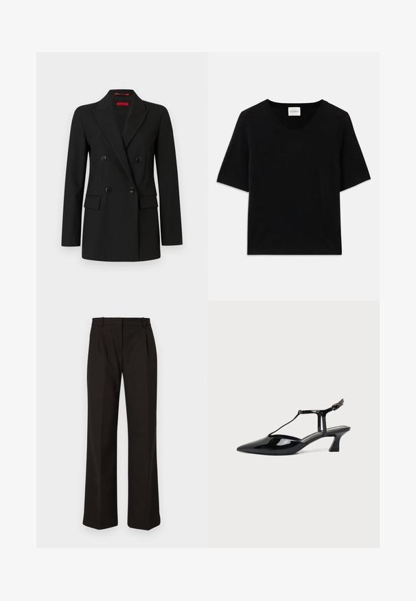 Blazer noir croisé avec quatre boutons, revers crantés, manches longues et poches à rabat à l'avant, présenté sur un fond blanc.; Haut tricot à manches courtes noir avec un col rond. Présente une texture lisse et des accents côtes le long du col et des manches.; Pantalons noirs à jambes droites en tissu tissé, dotés d'un devant plat, de deux poches avant et de passants de ceinture.; Chaussure slingback en cuir verni noir à bout pointu avec bride en T et petit talon bloc incliné sur fond blanc.