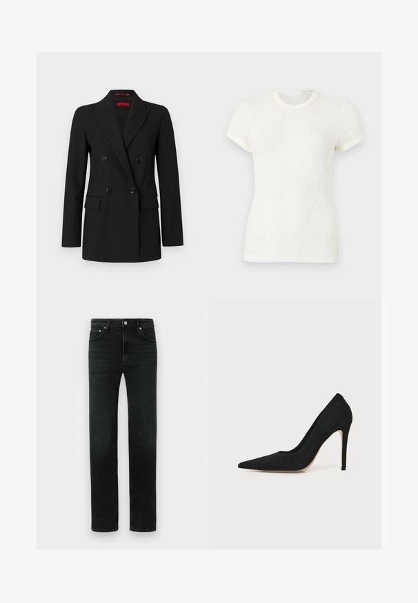 Blazer noir croisé avec quatre boutons, revers crantés, manches longues et poches à rabat à l'avant, présenté sur un fond blanc.; T-shirt blanc en maille côtelée à manches courtes avec col rond et manches légèrement bouffantes.; Jeans en denim noir coupe droite, cinq poches et fermeture par bouton métallique. Texture lisse et détails minimalistes.; Escarpin stiletto noir à talon haut avec bout pointu et texture lisse, présenté de profil sur un fond clair uni.