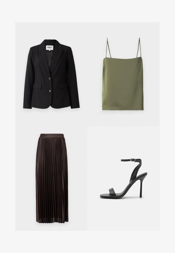Čierny blazer s klopovým golierom, jednostranným zapínaním, dvoma prednými vreckami a dvoma čiernymi gombíkmi. Hladká tkanina s priliehavým strihom.; Olive zelený top bez rukávov vyrobený z hladkej textílie. Má tenké ramienka a rovný výstrih, so jednoduchým, minimalistickým dizajnom.; Plisovaná midi sukňa z tmavohnedého materiálu, s hladkým pásom, dĺžka po zem a vertikálne plisovanie pre pridanie textúry.; Čierne sandále na vysokej ihlovej podpätku so štíhlym členkovým remienkom a dvoma prednými pásikmi. Vyrobené z hladkej kože s elegantne špicatou špičkou a vysokým podpätkom.