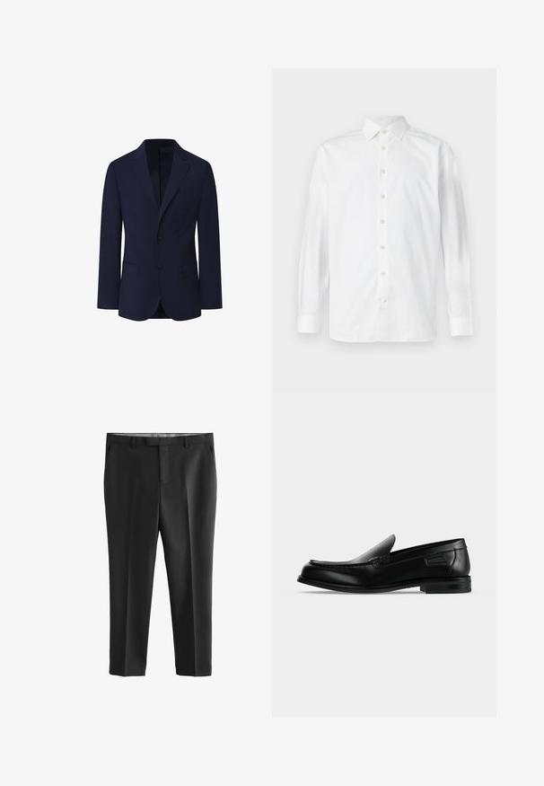 Façonnable PIMA COTTON STRETCH - Blazerjasje - marine blue; Wit overhemd met lange mouwen, knoopsluiting, spreidkraag en knoopmanchetten, weergegeven op een effen witte achtergrond.; Zwarte op maat gemaakte broek van een zachte stof. Heeft een vlakke voorkant, riemlussen en zijzakken. Schoon, recht gesneden pijpen.; Zwarte leren instapschoen met lage hak, afgeronde neus en decoratieve stiksels langs de bovenrand.