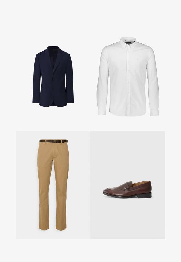 Façonnable PIMA COTTON STRETCH - Blazerjasje - marine blue; Witte katoenen blouse met lange mouwen, een button-down kraag, knopen aan de voorkant en een klein geborduurd logo op de linkerborst. Glad textuur.; Beige katoenmengselbroek met een recht model en een donkerbruine riem. Voorzien van zijzakken en een nette zoomafwerking.; JOOP! KLEITOS - Instappers - brown